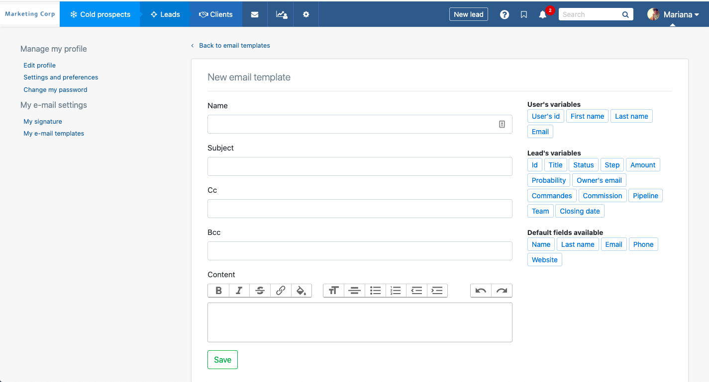 email template in nocrm