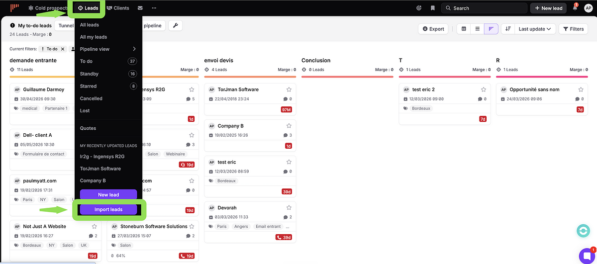 Accedere al pulsante Importa lead