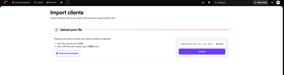 Client Import upload page